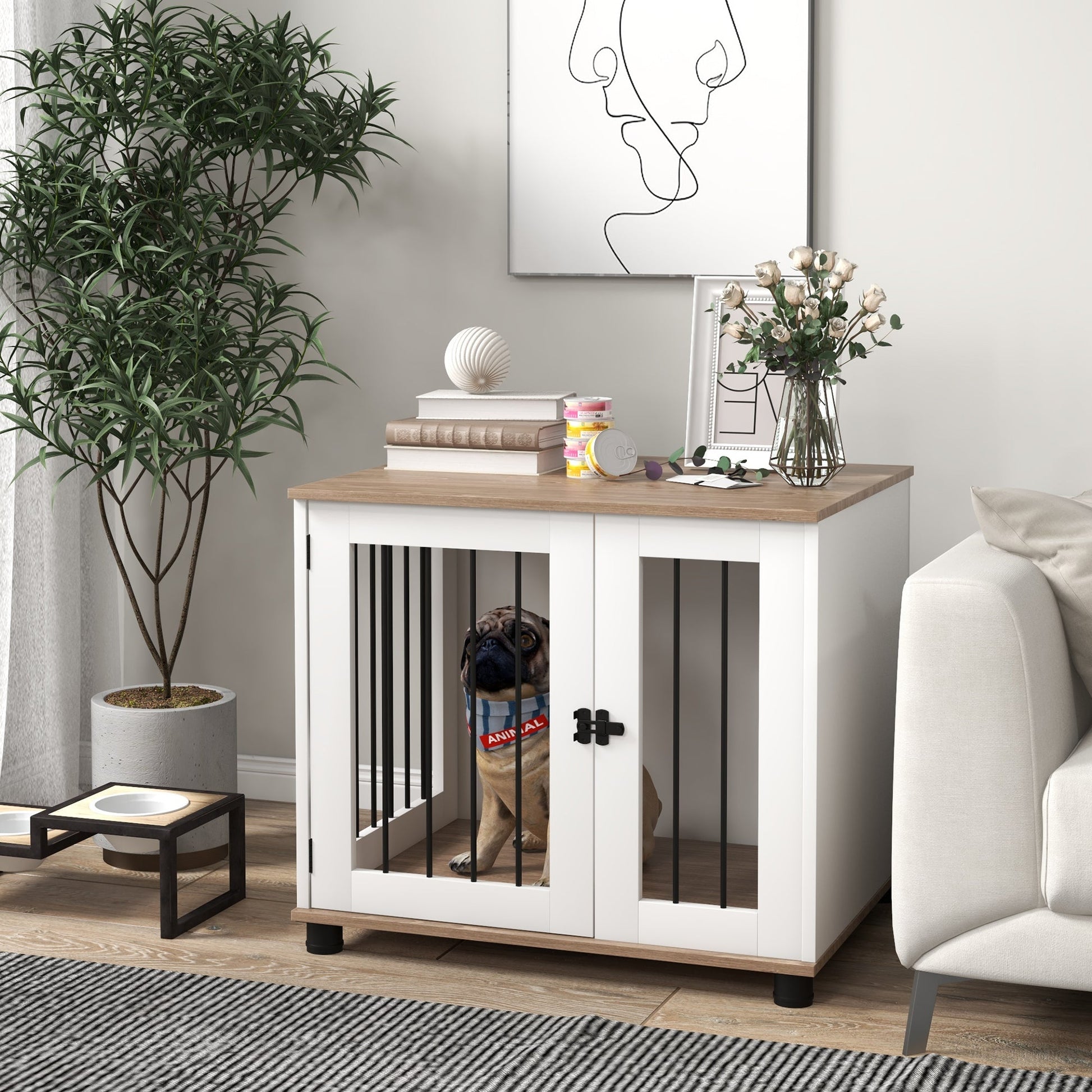 KFX-7666621 Dog Kennel Furniture Side Table with Lockable Door for Small to Medium Pets