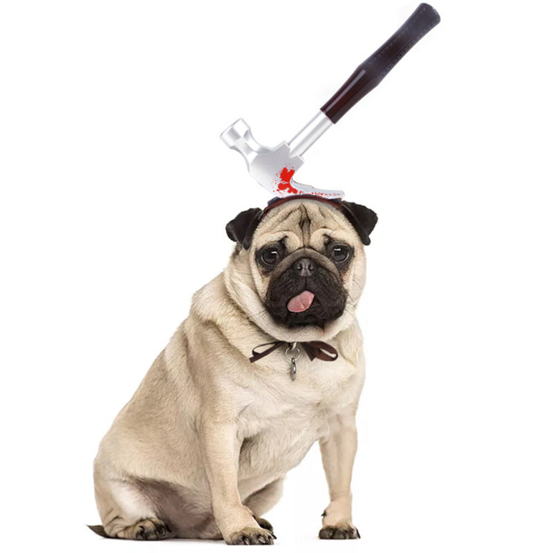 KFX-7667773 Pet Halloween Headdress Hat with Fun Props - Axe, Scissors, Saw, Syringe, Hammer, Wrench, Wine Bottle, Pliers, Sizes S & M