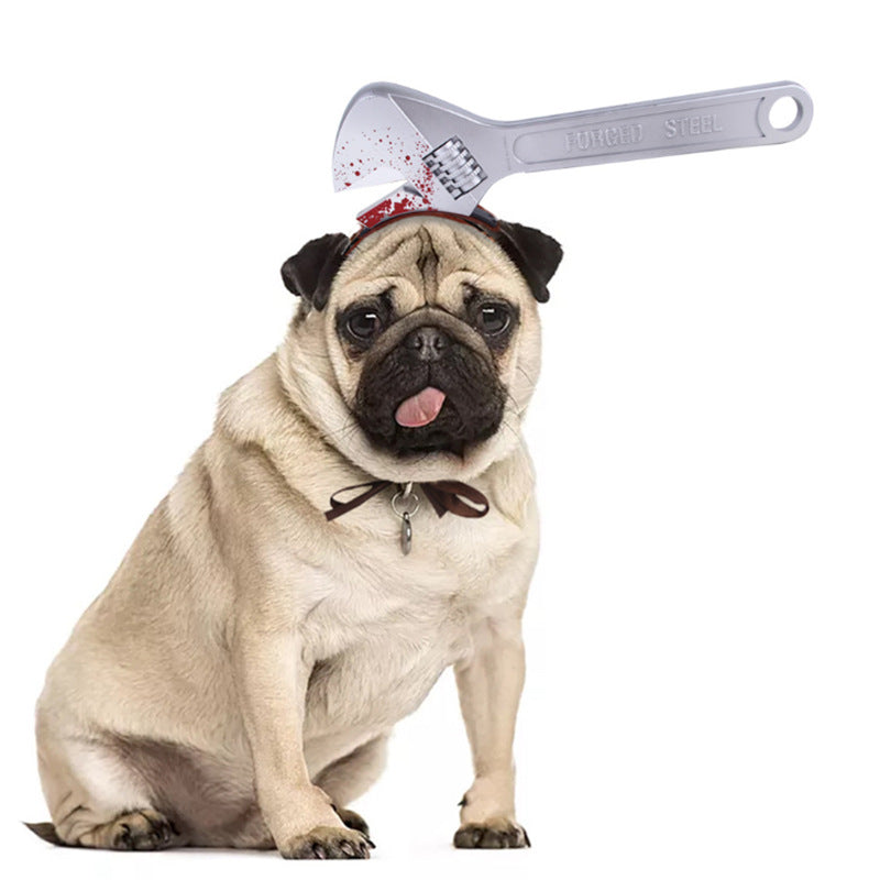 KFX-7667773 Pet Halloween Headdress Hat with Fun Props - Axe, Scissors, Saw, Syringe, Hammer, Wrench, Wine Bottle, Pliers, Sizes S & M