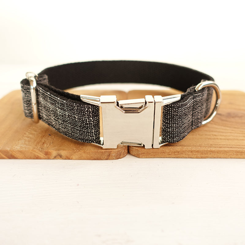 KFX-7670717 Thick Soft Dog Collar with Leash and Ring, Black Suit with Light Gold Accents, Sizes XS to XL