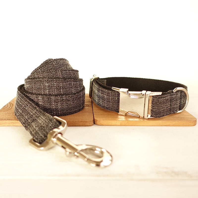 KFX-7670717 Thick Soft Dog Collar with Leash and Ring, Black Suit with Light Gold Accents, Sizes XS to XL