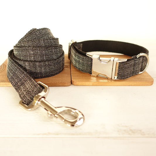KFX-7670717 Thick Soft Dog Collar with Leash and Ring, Black Suit with Light Gold Accents, Sizes XS to XL