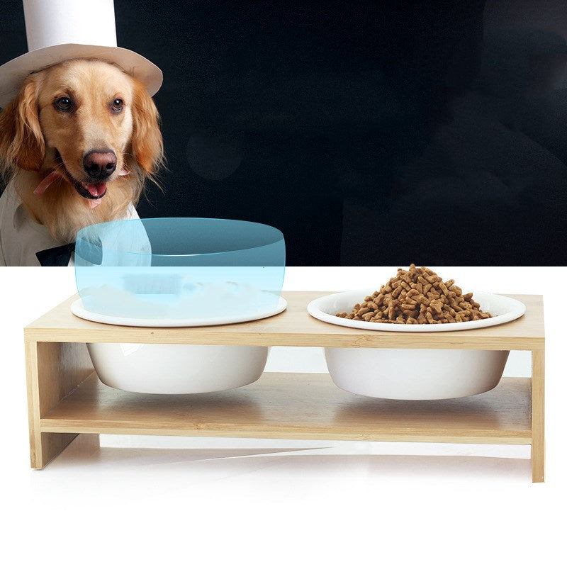KFX-7674685 Ceramic Dog Bowl Set with Bamboo Stand - Two Bowls and Feet for Elevated Feeding