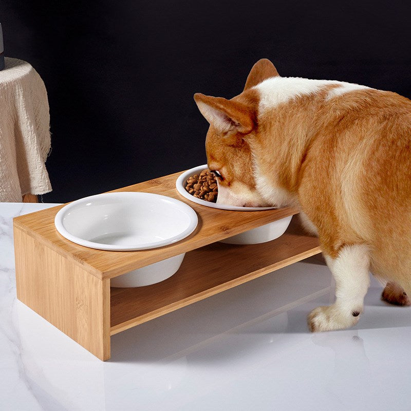 KFX-7674685 Ceramic Dog Bowl Set with Bamboo Stand - Two Bowls and Feet for Elevated Feeding