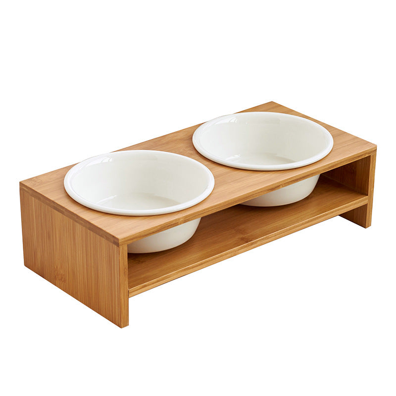 KFX-7674685 Ceramic Dog Bowl Set with Bamboo Stand - Two Bowls and Feet for Elevated Feeding