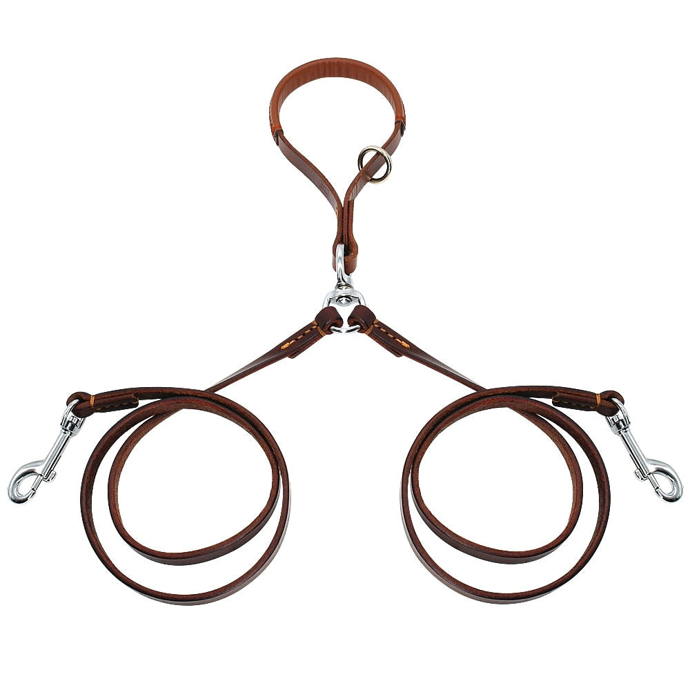 KFX-7678269 Double Handle Leather Dog Leash for Two Dogs - Tangle-Free, Hands-Free Control in Black or Brown