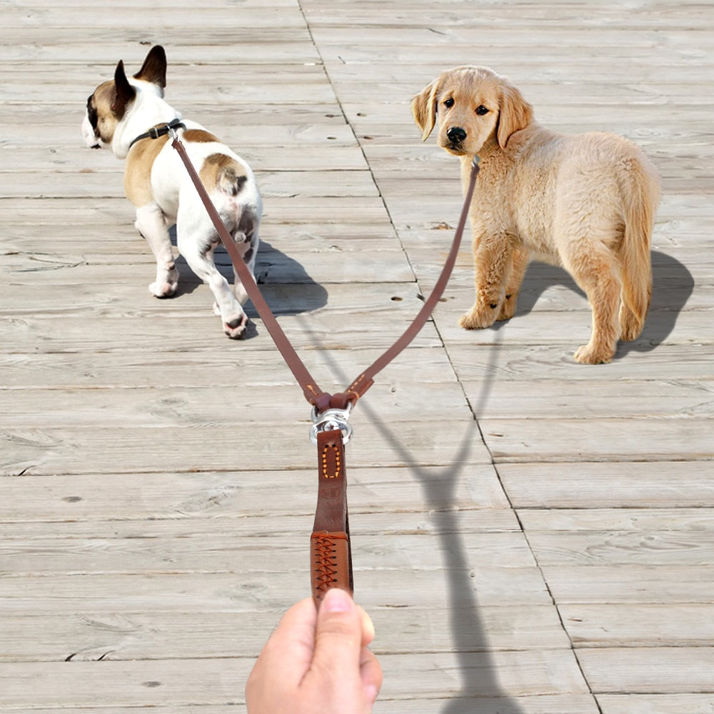 KFX-7678269 Double Handle Leather Dog Leash for Two Dogs - Tangle-Free, Hands-Free Control in Black or Brown