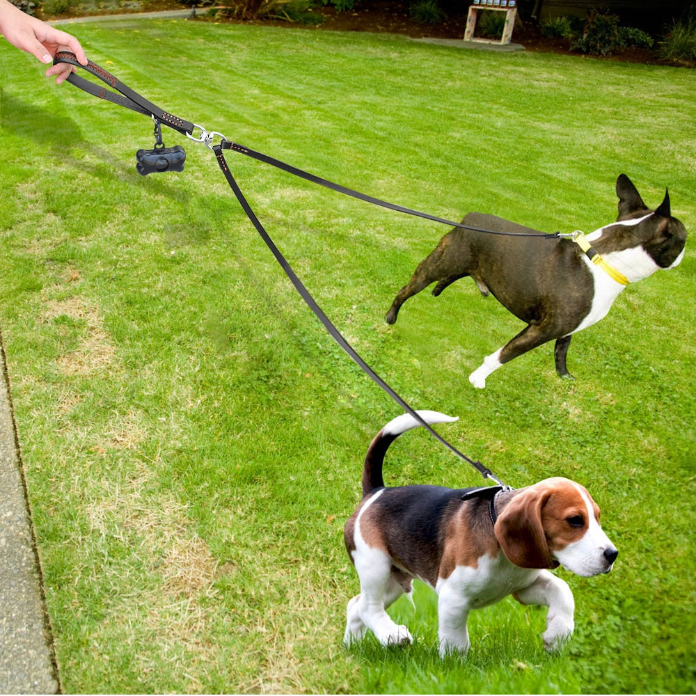 KFX-7678269 Double Handle Leather Dog Leash for Two Dogs - Tangle-Free, Hands-Free Control in Black or Brown