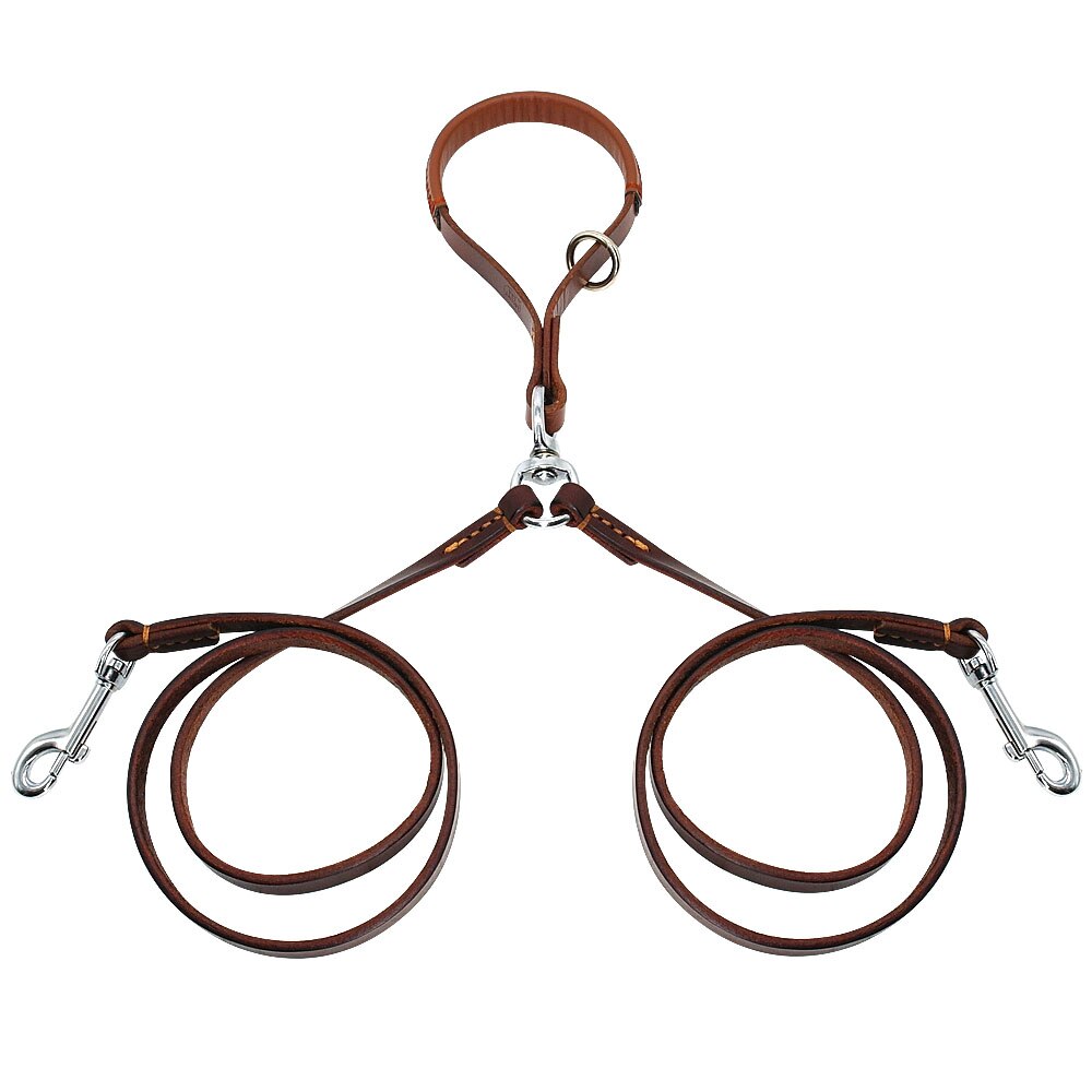 KFX-7678269 Double Handle Leather Dog Leash for Two Dogs - Tangle-Free, Hands-Free Control in Black or Brown