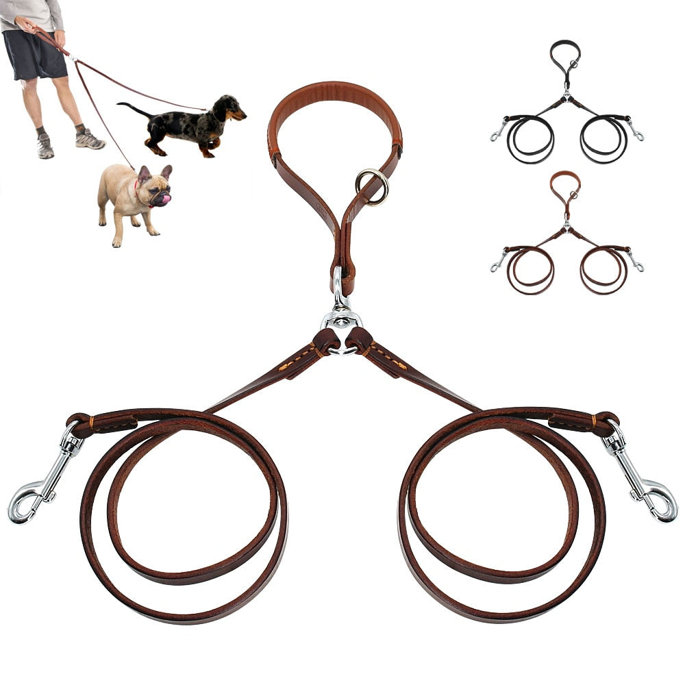 KFX-7678269 Double Handle Leather Dog Leash for Two Dogs - Tangle-Free, Hands-Free Control in Black or Brown