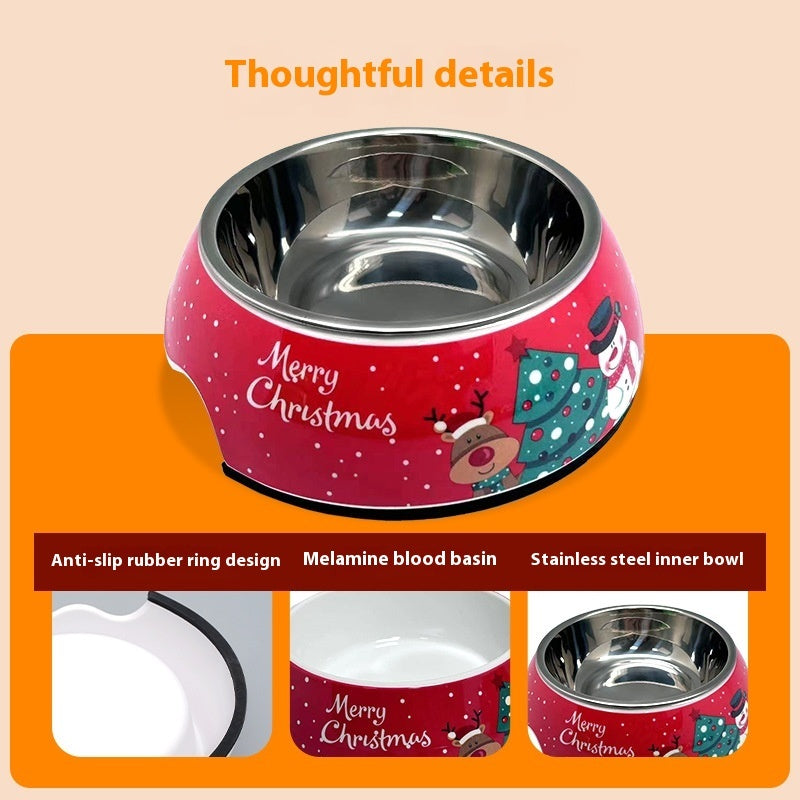 KFX-7680445 Stainless Steel Double Layer Pet Bowl for Dogs and Cats, Melamine Design, Multiple Sizes Available