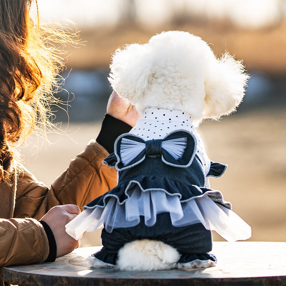 KFX-7684797 Denim Bow Princess Mesh Pettiskirt for Pets - Available in Dots and Stripes Design