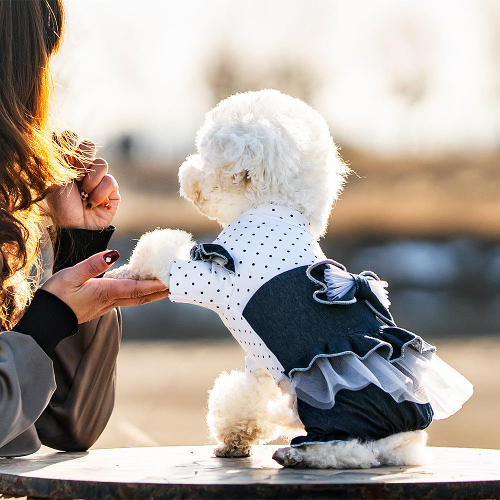 KFX-7684797 Denim Bow Princess Mesh Pettiskirt for Pets - Available in Dots and Stripes Design