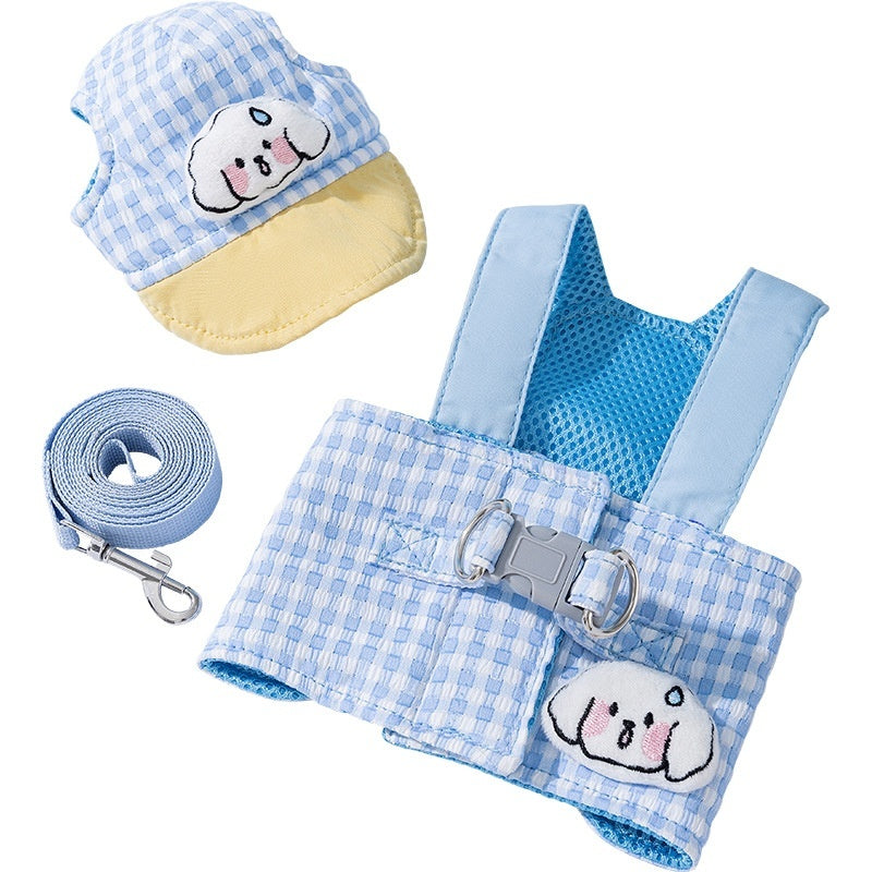 KFX-7689661 Outdoor Sunshade Hat and Chest Strap with Hand Holding Rope for Dogs and Cats - Available in Blue and Brown