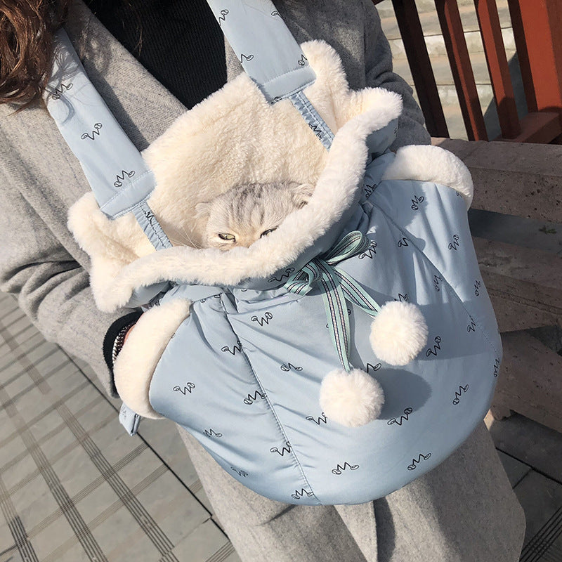 KFX-7692221 Portable Winter Travel Cat Chest Bag in Plush Flannel for Pets Up to 10 lbs - Available in Blue and Pink