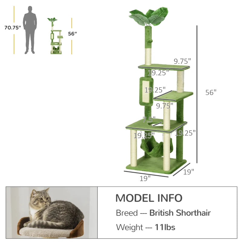 KFX-7712701 Multifunctional Indoor Cat Tower with Hammock and Scratching Posts in Green