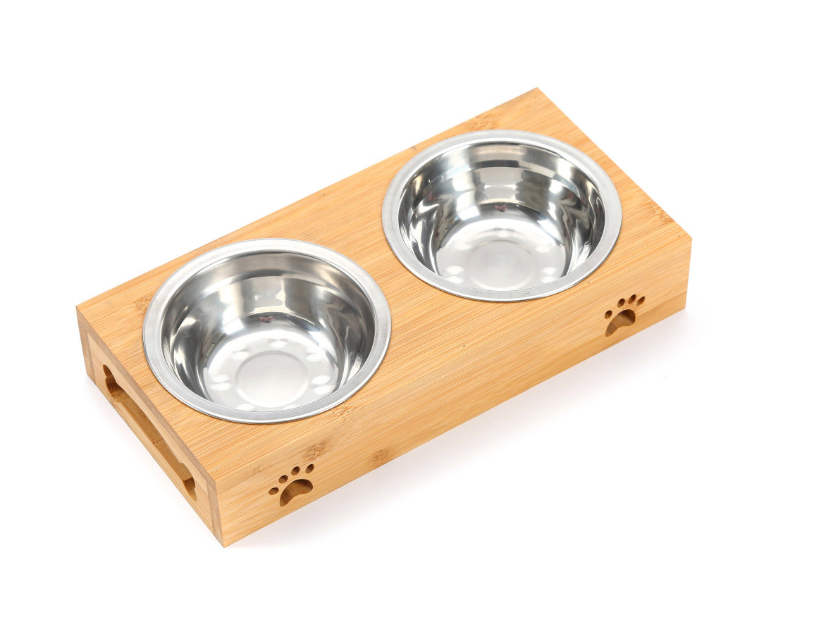 KFX-7713213 Wooden Pet Dining Table with Stainless Steel Bowls for Dogs and Cats