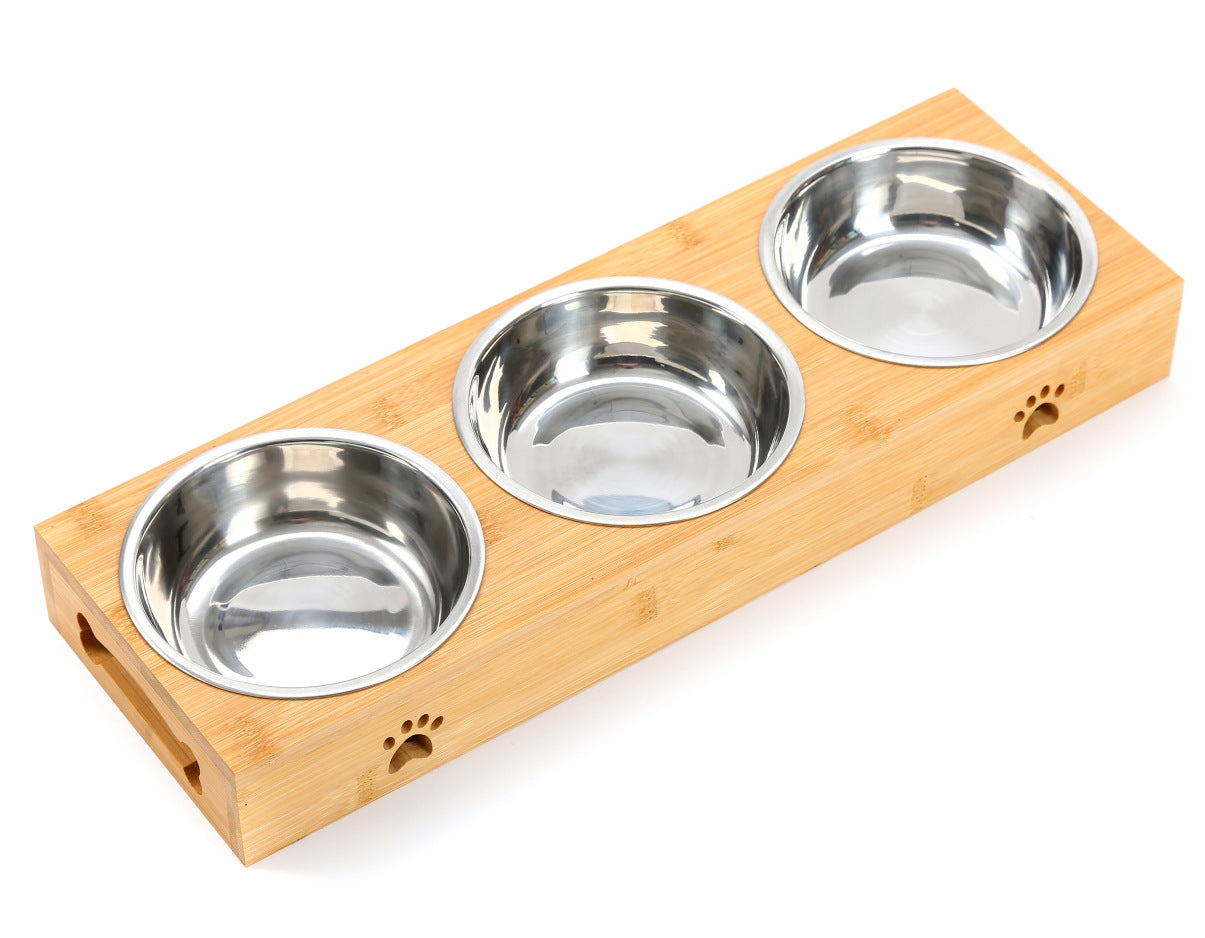 KFX-7713213 Wooden Pet Dining Table with Stainless Steel Bowls for Dogs and Cats