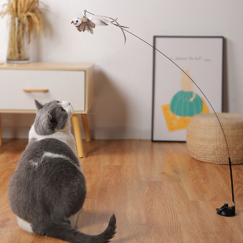 KFX-7739069 Long Elastic Steel Wire Feather Cat Toy with Suction Cup Attachment