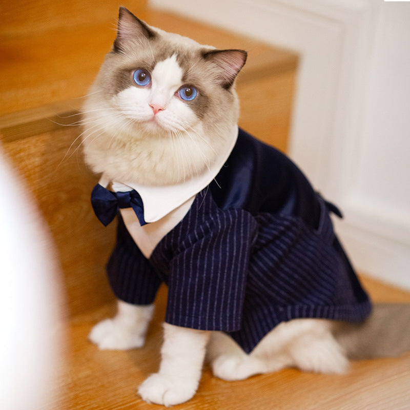 KFX-7742397 Light Gray and Navy Blue Dog Suit Dress - Stylish Gentleman Outfit for Weddings and Special Occasions