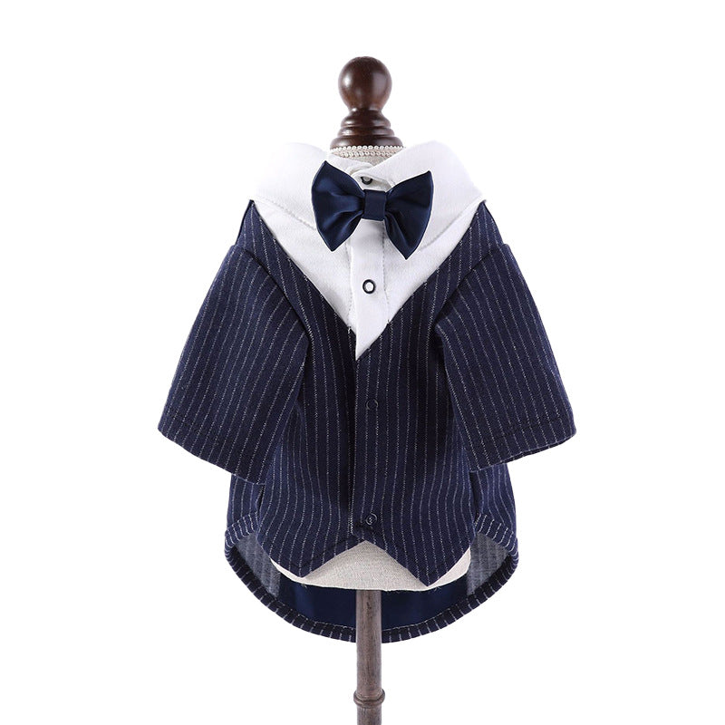 KFX-7742397 Light Gray and Navy Blue Dog Suit Dress - Stylish Gentleman Outfit for Weddings and Special Occasions