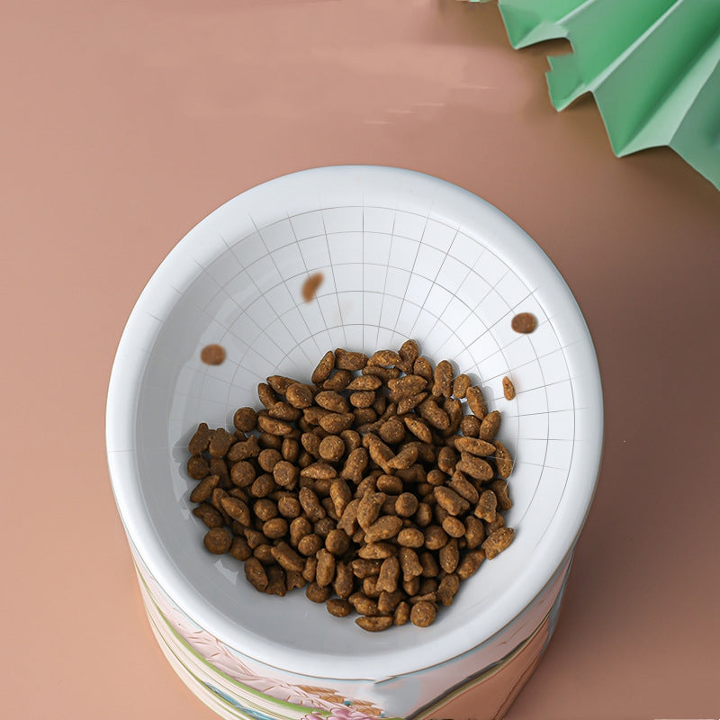 KFX-7745981 Ceramic Cat Bowl with High Legs and Oblique Mouth Design, Double Bowl Set