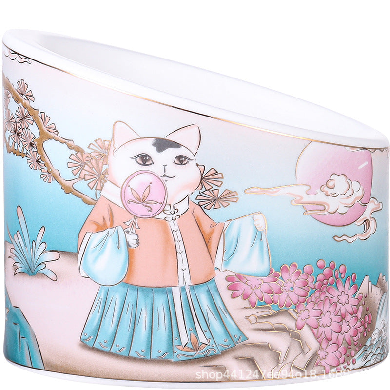 KFX-7745981 Ceramic Cat Bowl with High Legs and Oblique Mouth Design, Double Bowl Set