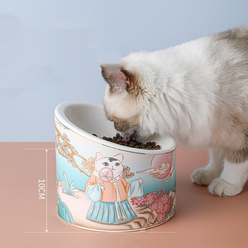 KFX-7745981 Ceramic Cat Bowl with High Legs and Oblique Mouth Design, Double Bowl Set