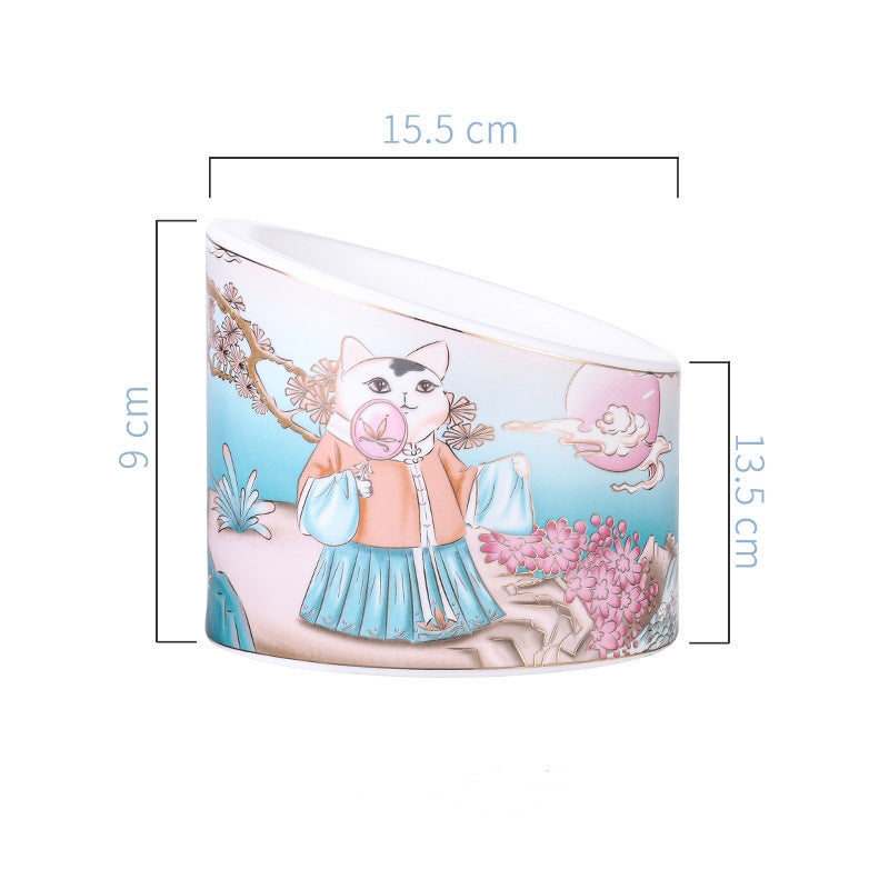 KFX-7745981 Ceramic Cat Bowl with High Legs and Oblique Mouth Design, Double Bowl Set