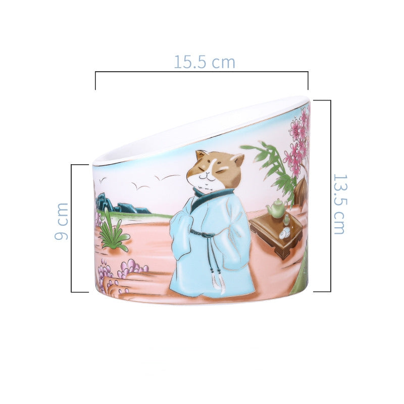 KFX-7745981 Ceramic Cat Bowl with High Legs and Oblique Mouth Design, Double Bowl Set