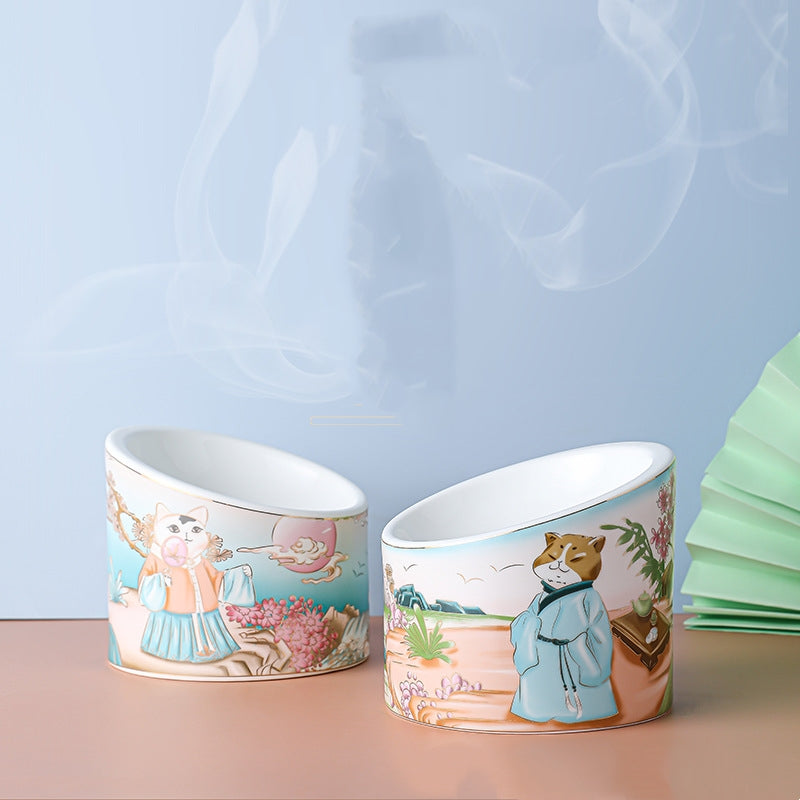KFX-7745981 Ceramic Cat Bowl with High Legs and Oblique Mouth Design, Double Bowl Set