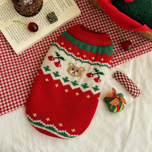 KFX-7747773 Christmas Cherry Red Pet Sweater - Warm Polyester Clothing for Small to XL Pets