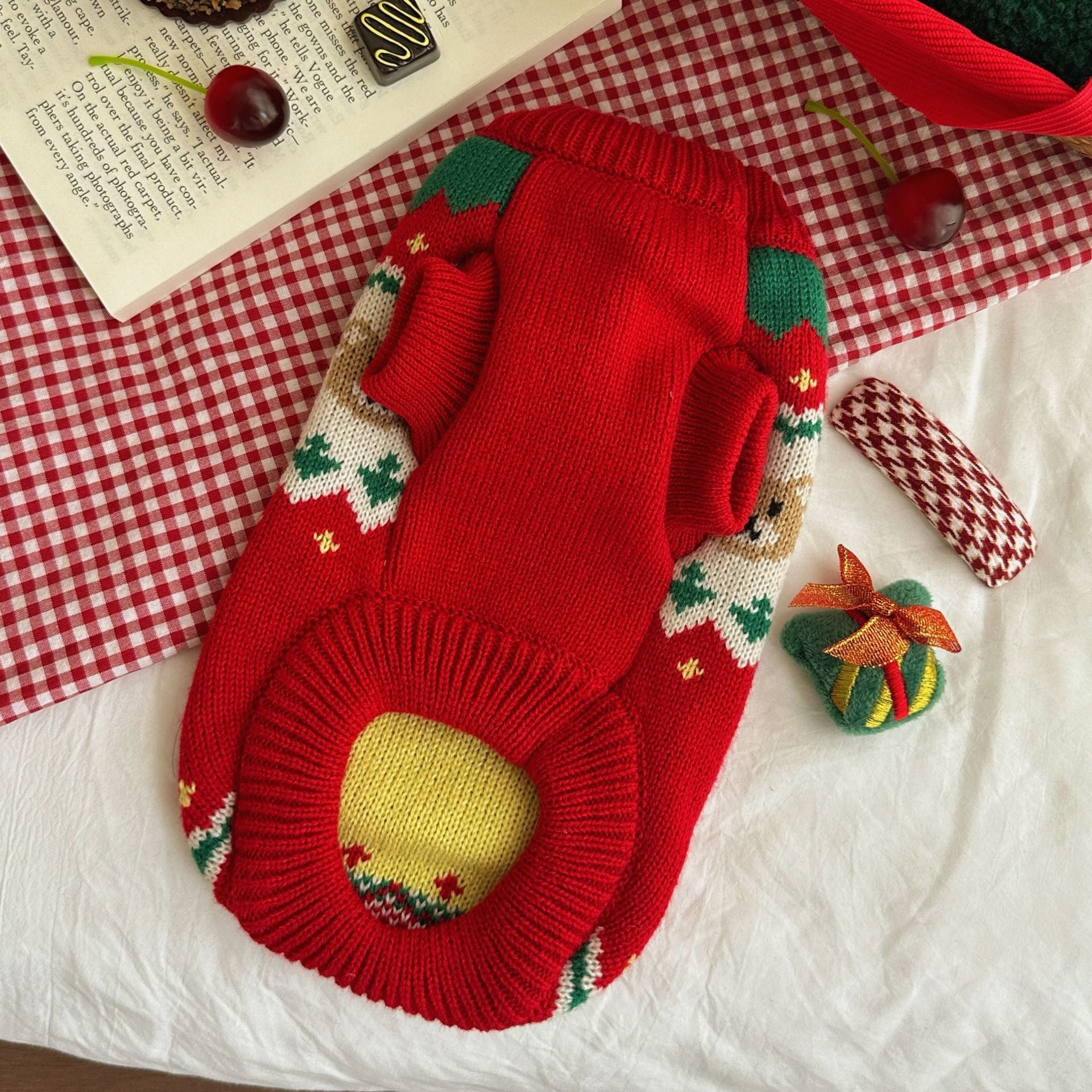 KFX-7747773 Christmas Cherry Red Pet Sweater - Warm Polyester Clothing for Small to XL Pets