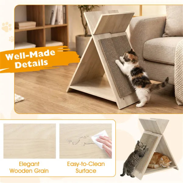 KFX-7749437 Multi-Functional Cat Scratcher with Tunnel and Wooden Lounge, 18.5"x12"x21"