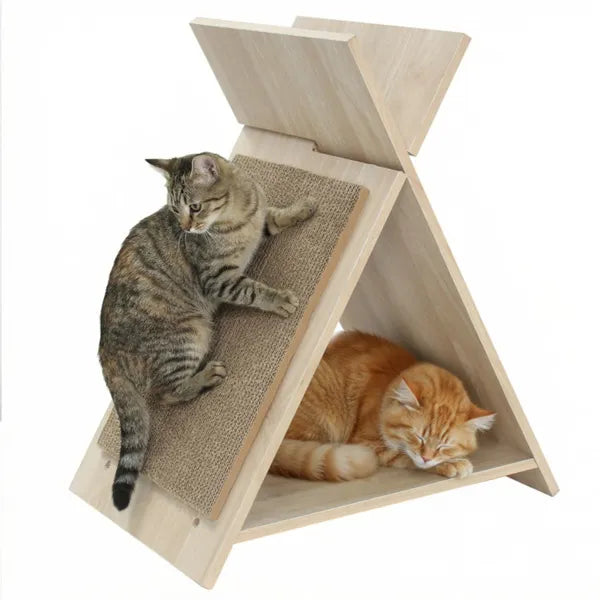 KFX-7749437 Multi-Functional Cat Scratcher with Tunnel and Wooden Lounge, 18.5"x12"x21"