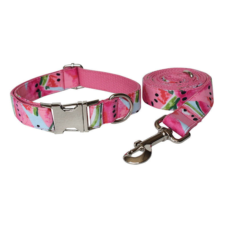 KFX-7749565 Watermelon Floral Pattern Dog Collar and Leash Set - Polyester, Multiple Sizes Available