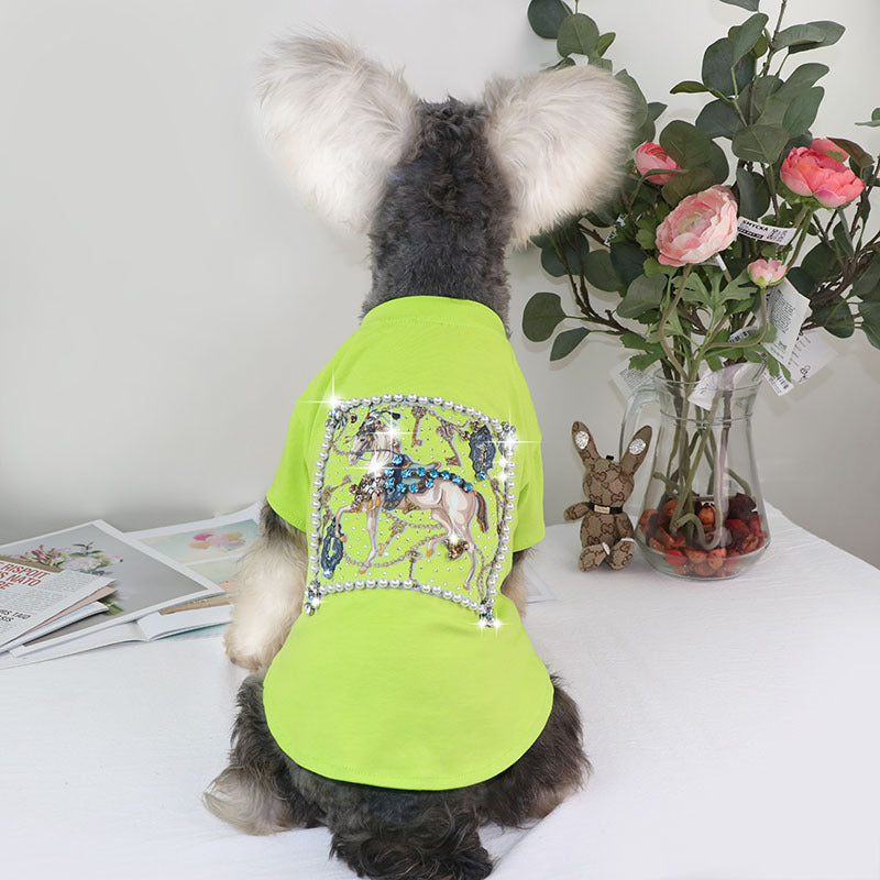 KFX-7750333 Schnauzer Summer T-shirt with White Horse and Diamond Inlays, Cotton Material