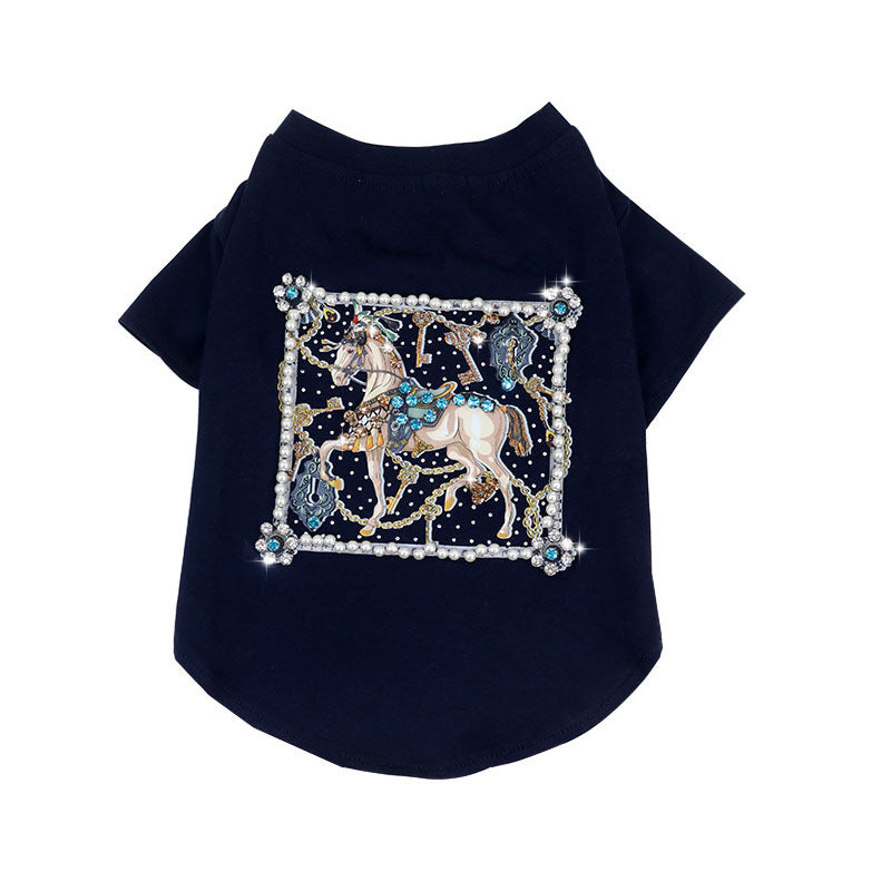 KFX-7750333 Schnauzer Summer T-shirt with White Horse and Diamond Inlays, Cotton Material
