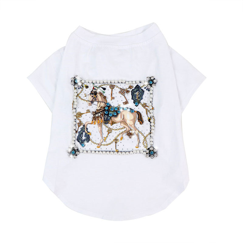 KFX-7750333 Schnauzer Summer T-shirt with White Horse and Diamond Inlays, Cotton Material