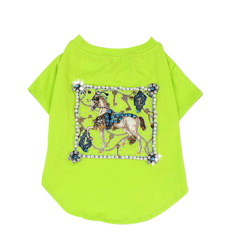 KFX-7750333 Schnauzer Summer T-shirt with White Horse and Diamond Inlays, Cotton Material