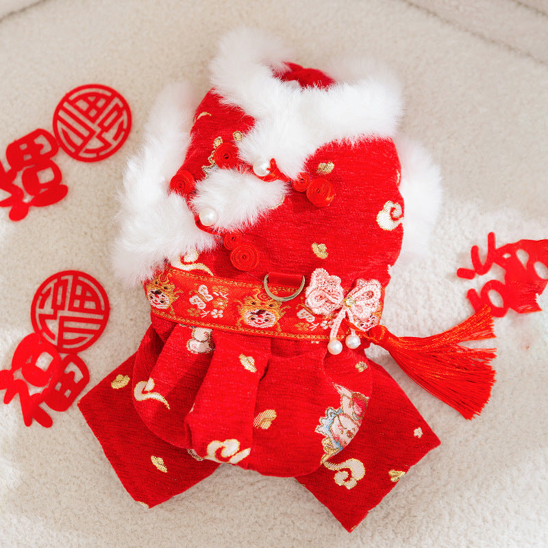 KFX-7754301 Festive Embroidered Pet Jumpsuit for Dogs and Cats with Faux Fur Trim and Tassels