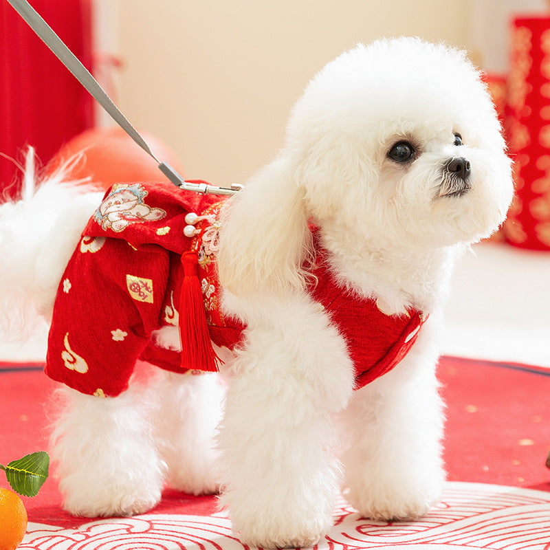 KFX-7754301 Festive Embroidered Pet Jumpsuit for Dogs and Cats with Faux Fur Trim and Tassels