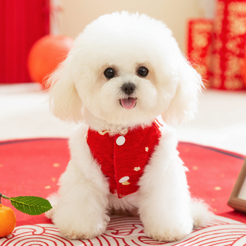 KFX-7754301 Festive Embroidered Pet Jumpsuit for Dogs and Cats with Faux Fur Trim and Tassels