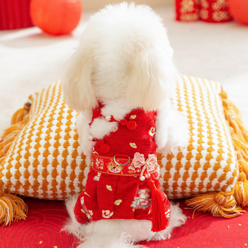 KFX-7754301 Festive Embroidered Pet Jumpsuit for Dogs and Cats with Faux Fur Trim and Tassels