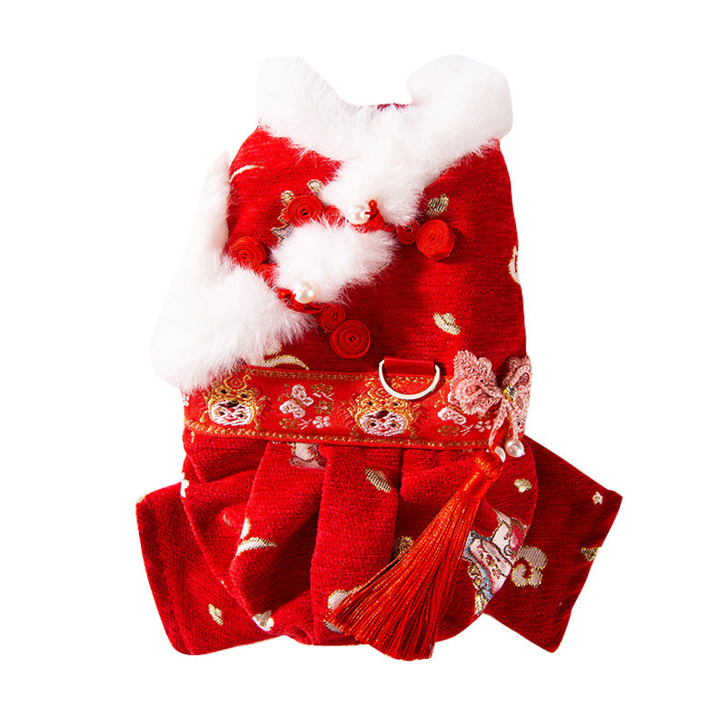 KFX-7754301 Festive Embroidered Pet Jumpsuit for Dogs and Cats with Faux Fur Trim and Tassels
