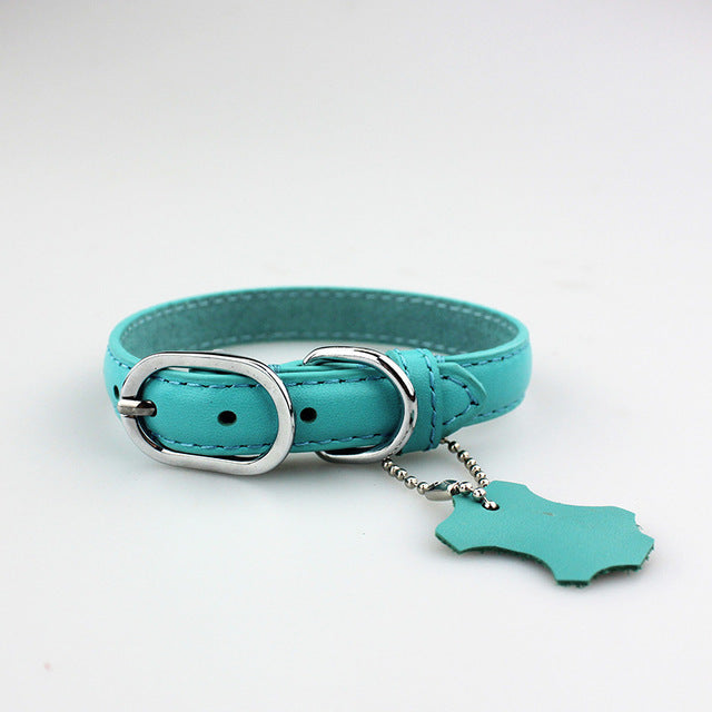 KFX-7763261 Pet Leather Collar - Monochrome Color Options in Blue, Black, Red, Purple, Yellow, Green, Lake Blue, Brown, Available Sizes XS to XL