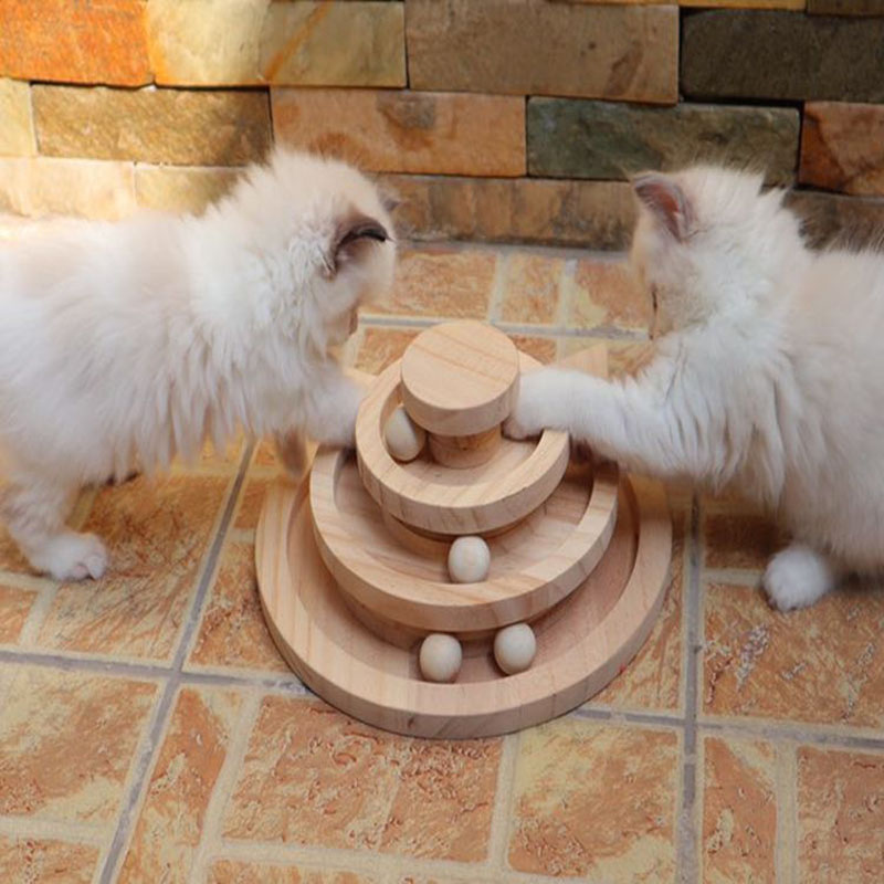 KFX-7766077 Three-Tier Wooden Cat Turntable Toy - Durable Pine and PP Plastic - Engaging Play for Cats