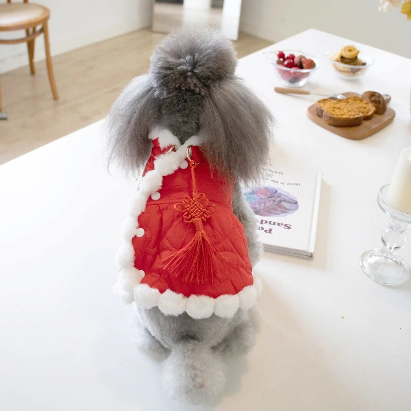 KFX-7771453 Pet Winter Clothing with Thick Fur Collar and Red Chinese Knot Design