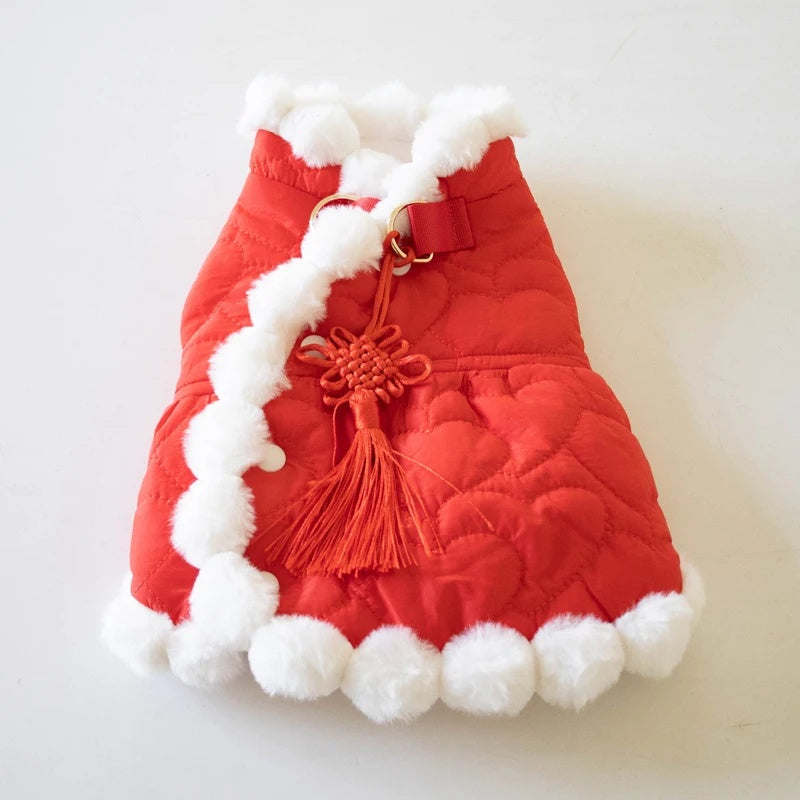 KFX-7771453 Pet Winter Clothing with Thick Fur Collar and Red Chinese Knot Design