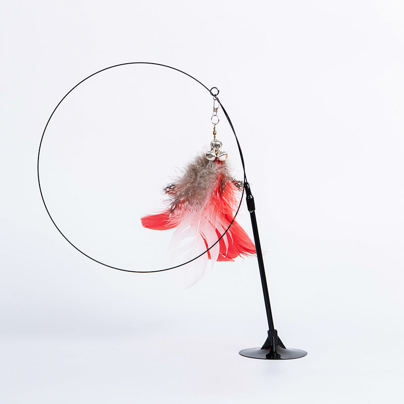 KFX-7771837 Suction Cup Cat Teaser Stick with Elastic Steel Wire and Feather Ends